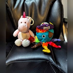 Baby stuffed toys with rattles and tactile areas. Kelly Toys and Lamaze.